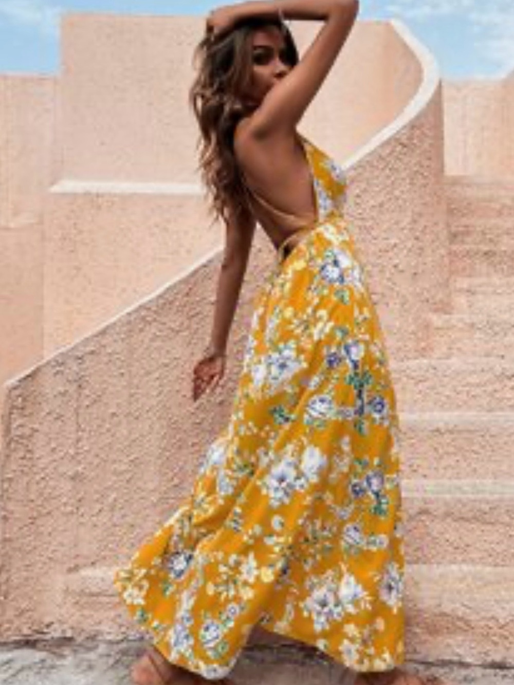 SHEIN Yellow Floral Open-Back Maxi Dress